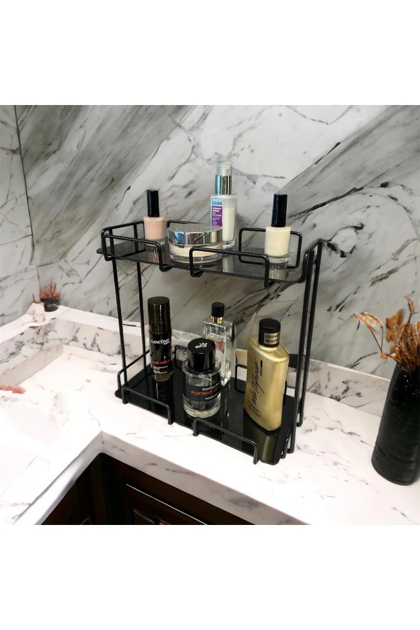 2 Katlı 28x14 Siyah Banyo ve Kozmetik Düzenleyici - Çift Katlı Sunum ve Servis Tepsisi - 2