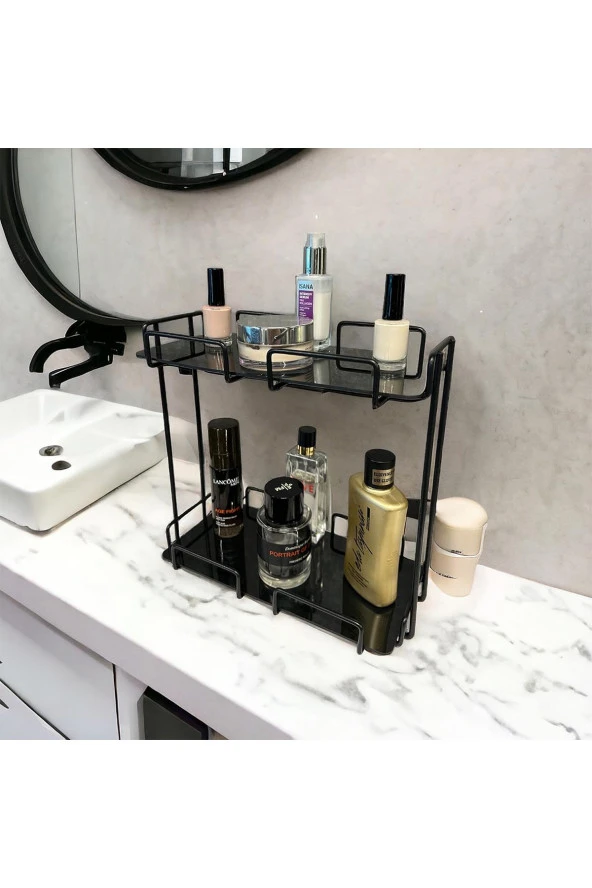 2 Katlı 28x14 Siyah Banyo ve Kozmetik Düzenleyici - Çift Katlı Sunum ve Servis Tepsisi - 3