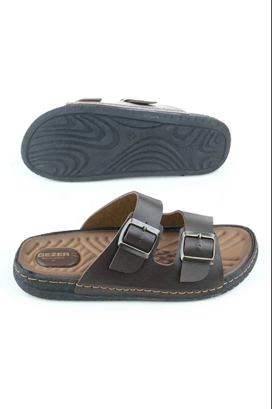 Gezer Çift Tokalı Erkek Masaj Tabanlı Anatomik Terlik Kahverengi - Resim 4