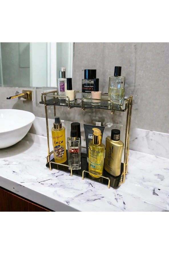 2 Katlı 28x14 Gold Banyo ve Kozmetik Düzenleyici - Çift Katlı Sunum ve Servis Tepsisi - 2