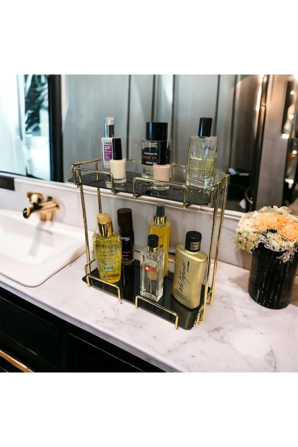 2 Katlı 28x14 Gold Banyo ve Kozmetik Düzenleyici - Çift Katlı Sunum ve Servis Tepsisi - 3