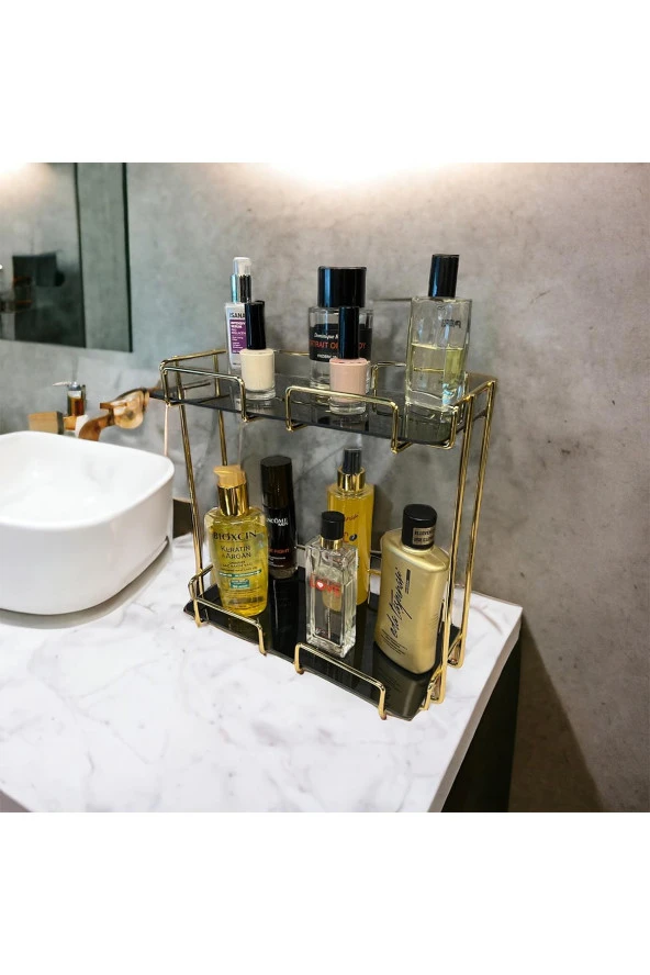 2 Katlı 28x14 Gold Banyo ve Kozmetik Düzenleyici - Çift Katlı Sunum ve Servis Tepsisi - 5