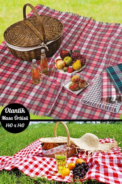 2'li Otantik Büyük Kare Desen Pötikareli Masa Örtüsü Sofra Bezi Piknik Örtüsü Büyük Boy 140X140 - 2