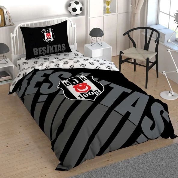 Taç Lisanslı Tek Kişilik Nevresim Takımı Beşiktaş Siyah Logo