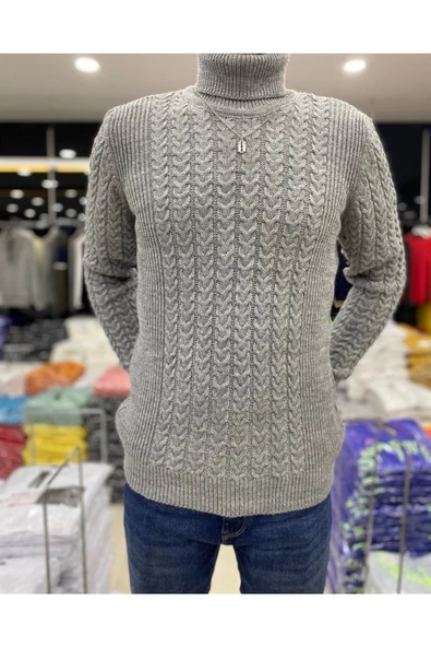 Erkek Koyu Gri Örgü Desenli Balıkçı Yaka Triko Kazak - 3