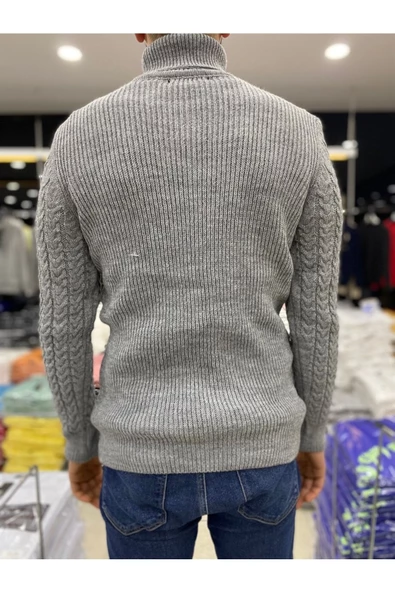 Erkek Koyu Gri Örgü Desenli Balıkçı Yaka Triko Kazak - 2