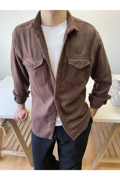Haki Erkek Slim Fit Çift Cep Kapaklı Oduncu Gömlek - 4