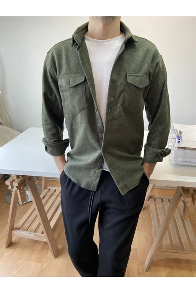 Haki Erkek Slim Fit Çift Cep Kapaklı Oduncu Gömlek - 2