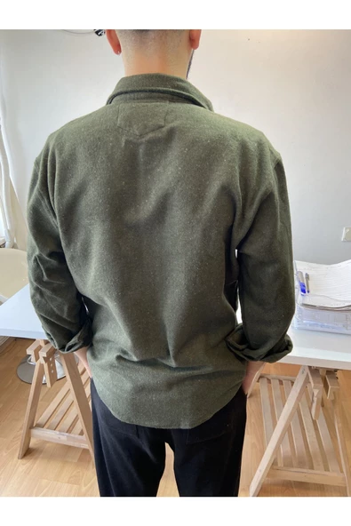 Haki Erkek Slim Fit Çift Cep Kapaklı Oduncu Gömlek - 3