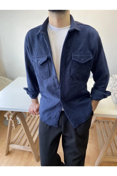 Haki Erkek Slim Fit Çift Cep Kapaklı Oduncu Gömlek - 8