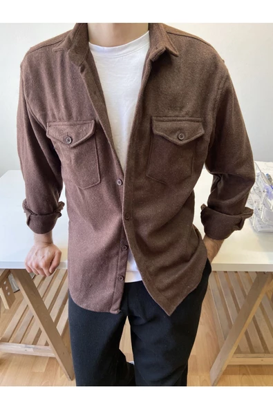 Haki Erkek Slim Fit Çift Cep Kapaklı Oduncu Gömlek - 5