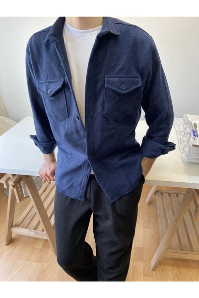 Haki Erkek Slim Fit Çift Cep Kapaklı Oduncu Gömlek - 7