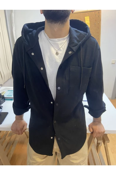 Erkek Tek Cep Kapaklı Slim Fit Kapüşonlu Oduncu Gömlek - 5