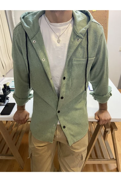 Erkek Tek Cep Kapaklı Slim Fit Kapüşonlu Oduncu Gömlek - 4