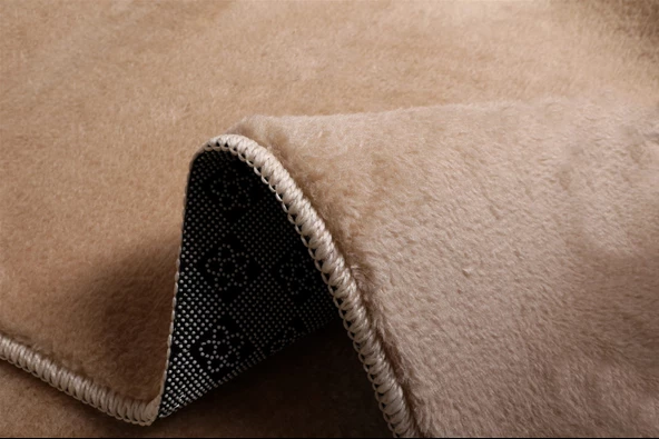 Modern Dekoratif Yuvarlak Puffy Peluş Ponpon Saçaklı Salon Oturma Odası Halısı Bej - 3