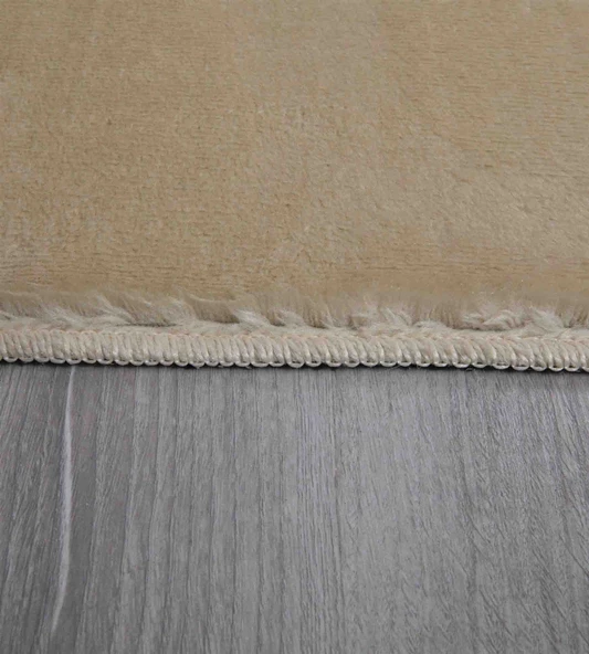 Modern Dekoratif Yuvarlak Puffy Peluş Ponpon Saçaklı Salon Oturma Odası Halısı Bej - 6