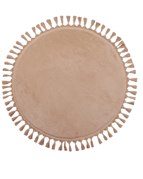 Modern Dekoratif Yuvarlak Puffy Peluş Ponpon Saçaklı Salon Oturma Odası Halısı Bej - 2