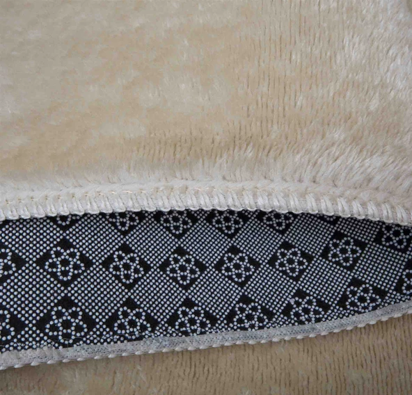 Modern Dekoratif Yuvarlak Puffy Peluş Ponpon Saçaklı Salon Oturma Odası Halısı Bej - 4