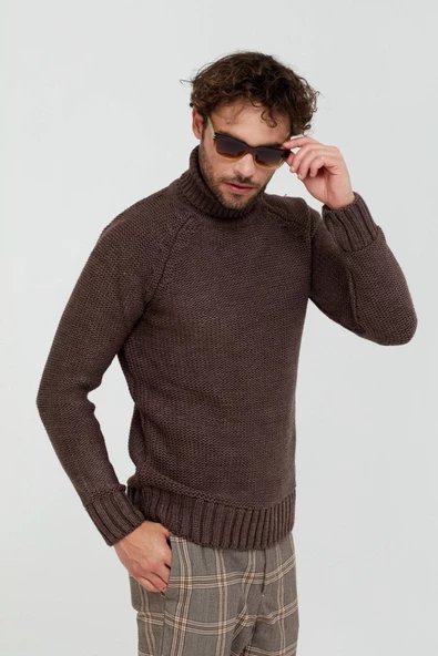 Erkek Kahverengi  Kalın Balıkçı Triko Kazak - 4