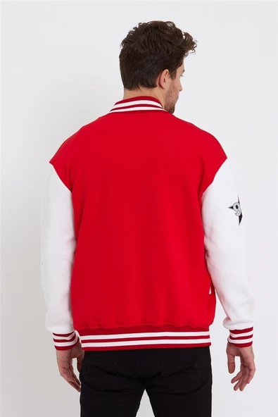 Erkek Lacivert-beyaz-lacivert Renk Bloklu Nakışlı Kolej Ceket - 4