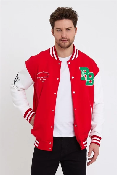 Erkek Lacivert-beyaz-lacivert Renk Bloklu Nakışlı Kolej Ceket