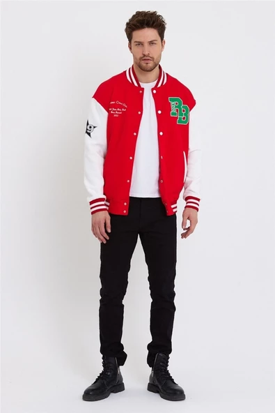 Erkek Lacivert-beyaz-lacivert Renk Bloklu Nakışlı Kolej Ceket - 5