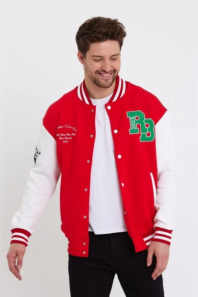 Erkek Lacivert-beyaz-lacivert Renk Bloklu Nakışlı Kolej Ceket - 6