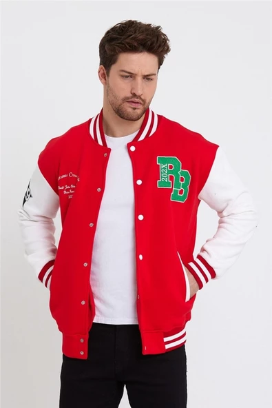 Erkek Lacivert-beyaz-lacivert Renk Bloklu Nakışlı Kolej Ceket - 2