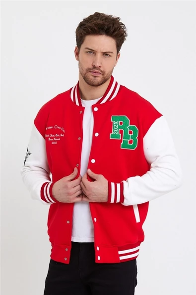 Erkek Lacivert-beyaz-lacivert Renk Bloklu Nakışlı Kolej Ceket - 3