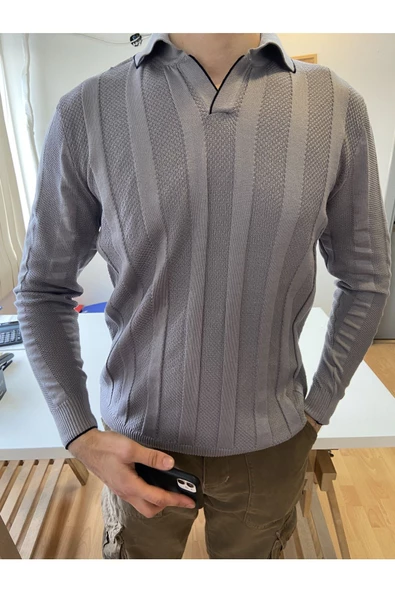 Erkek Kalın Şeritli Polo Yaka Triko T-Shirt - 3