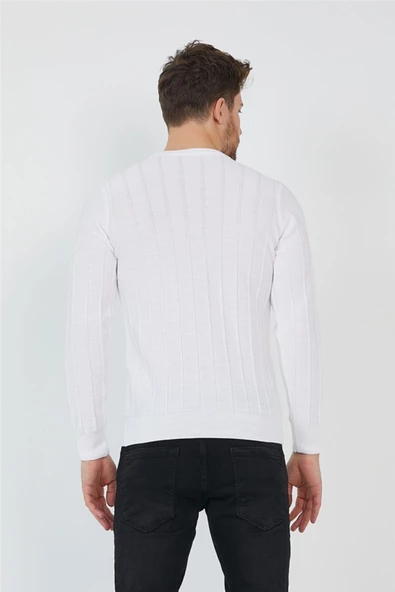 Beyaz Erkek Yuvarlak Yaka Örme Triko - 4