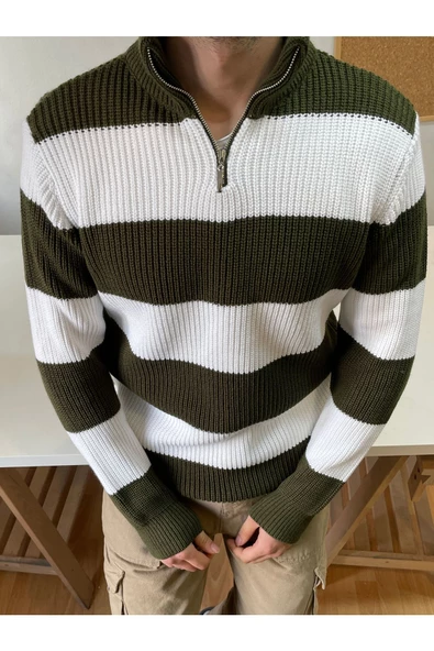 Erkek Fermuarlı Çizgili Desenli Triko Kazak - 7