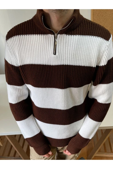 Erkek Fermuarlı Çizgili Desenli Triko Kazak - 11