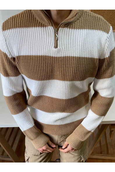 Erkek Fermuarlı Çizgili Desenli Triko Kazak - 9