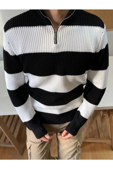 Erkek Fermuarlı Çizgili Desenli Triko Kazak - 3