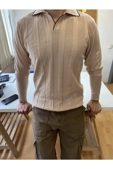 Erkek Kalın Şeritli Polo Yaka Triko T-Shirt - 7
