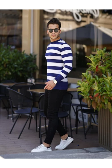 Erkek Slim Fit Bisiklet Yaka Çizgili Triko Kazak - 3