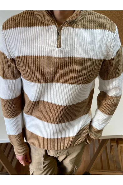 Erkek Fermuarlı Çizgili Desenli Triko Kazak - 10