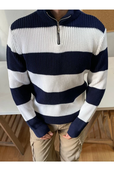 Erkek Fermuarlı Çizgili Desenli Triko Kazak - 5