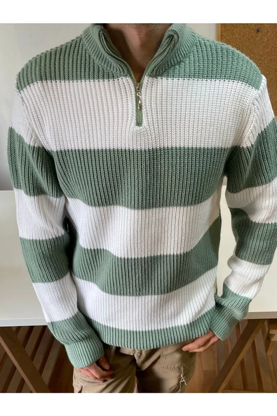 Erkek Fermuarlı Çizgili Desenli Triko Kazak - 2