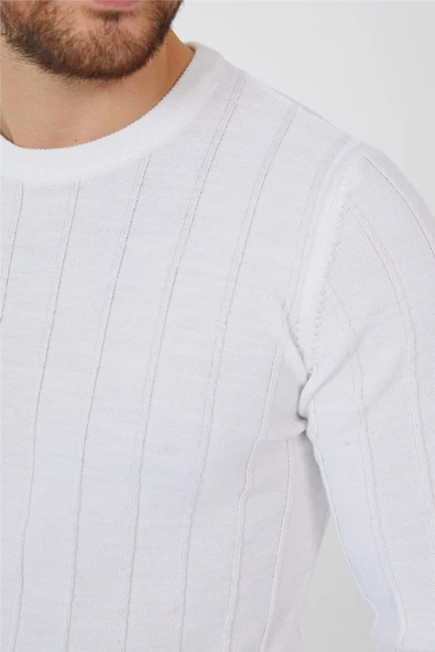 Beyaz Erkek Yuvarlak Yaka Örme Triko - 5