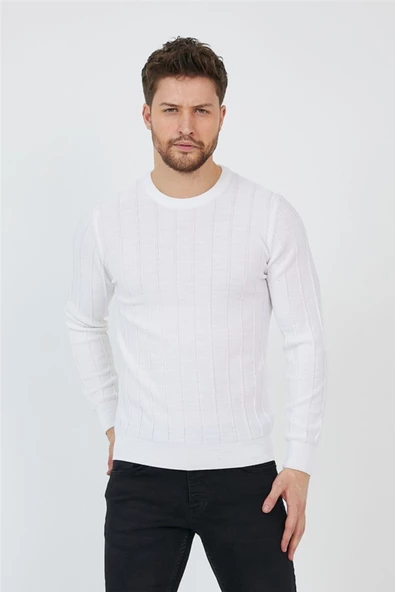 Beyaz Erkek Yuvarlak Yaka Örme Triko