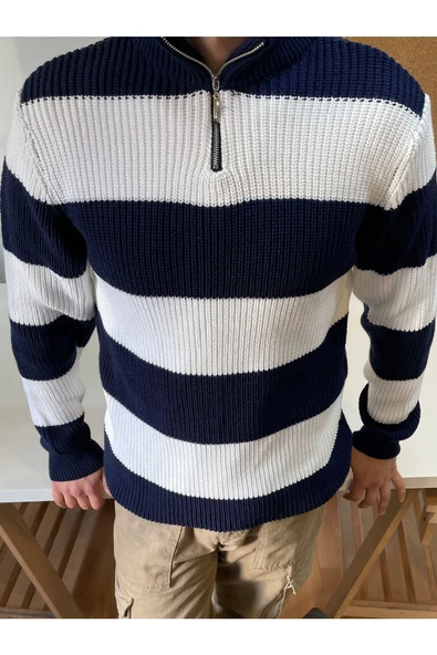 Erkek Fermuarlı Çizgili Desenli Triko Kazak - 6
