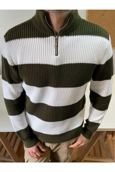 Erkek Fermuarlı Çizgili Desenli Triko Kazak - 8