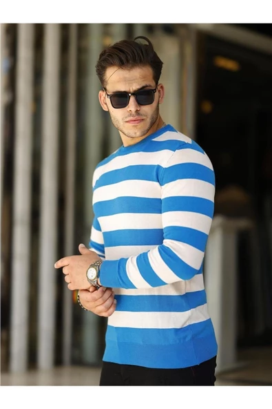 Erkek Slim Fit Bisiklet Yaka Çizgili Triko Kazak - 6