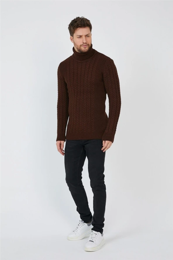 Kahverengi Erkek Örgü Desenli Balıkçı Yaka Triko Kazak - 2