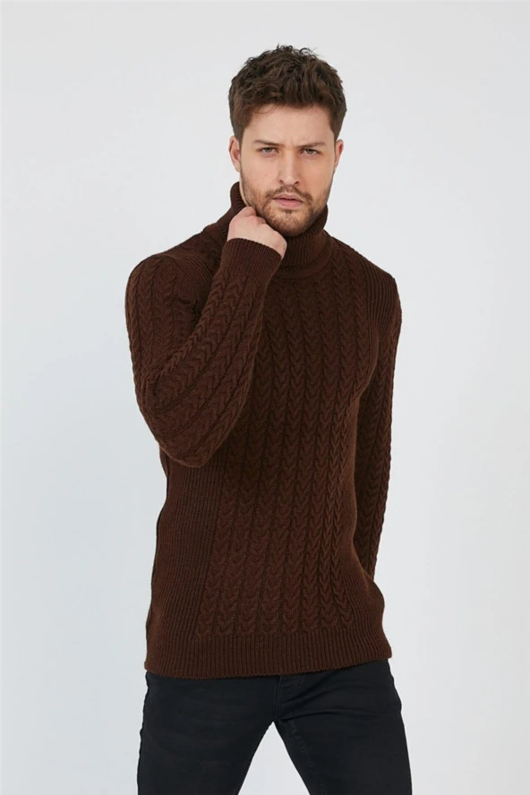 Kahverengi Erkek Örgü Desenli Balıkçı Yaka Triko Kazak - 3