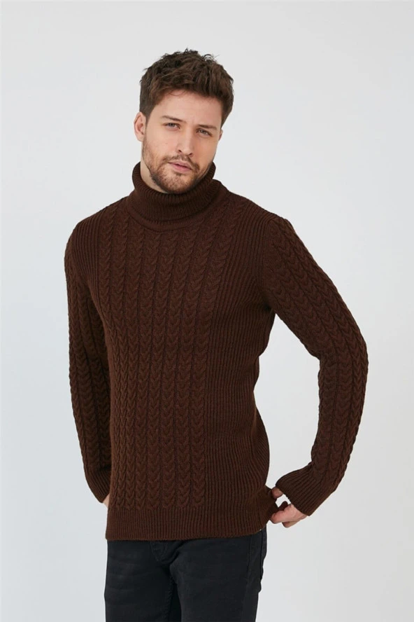 Kahverengi Erkek Örgü Desenli Balıkçı Yaka Triko Kazak - 4