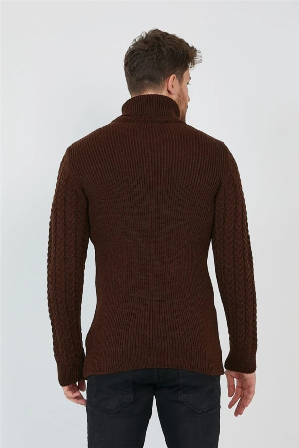 Kahverengi Erkek Örgü Desenli Balıkçı Yaka Triko Kazak - 5