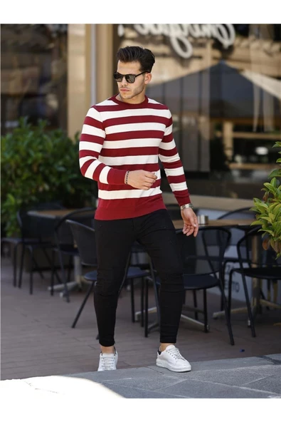 Erkek Slim Fit Bisiklet Yaka Çizgili Triko Kazak - 12